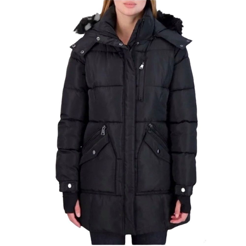 NEW SEBBY COLLECTION Puffer 3/4 Parka with Faux Fur Detachable Hoodie, Black